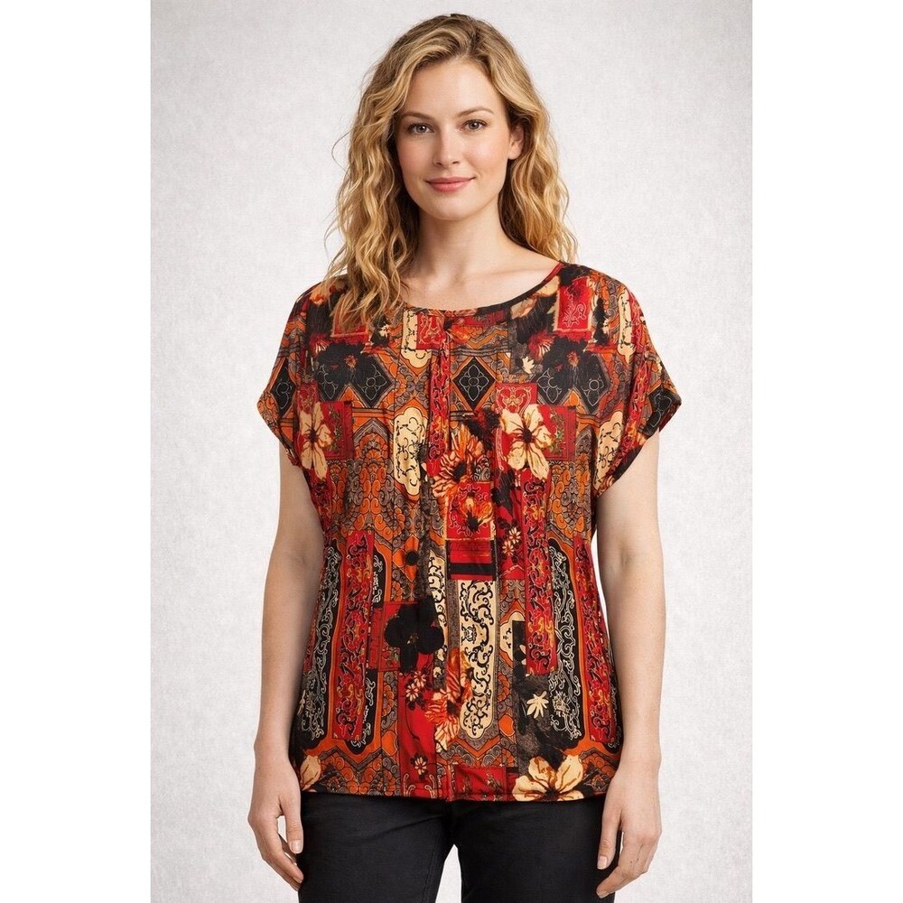 Emery Rose Top Womens XL Red Orange Floral Patchwork Print Short Sleeve Boxy